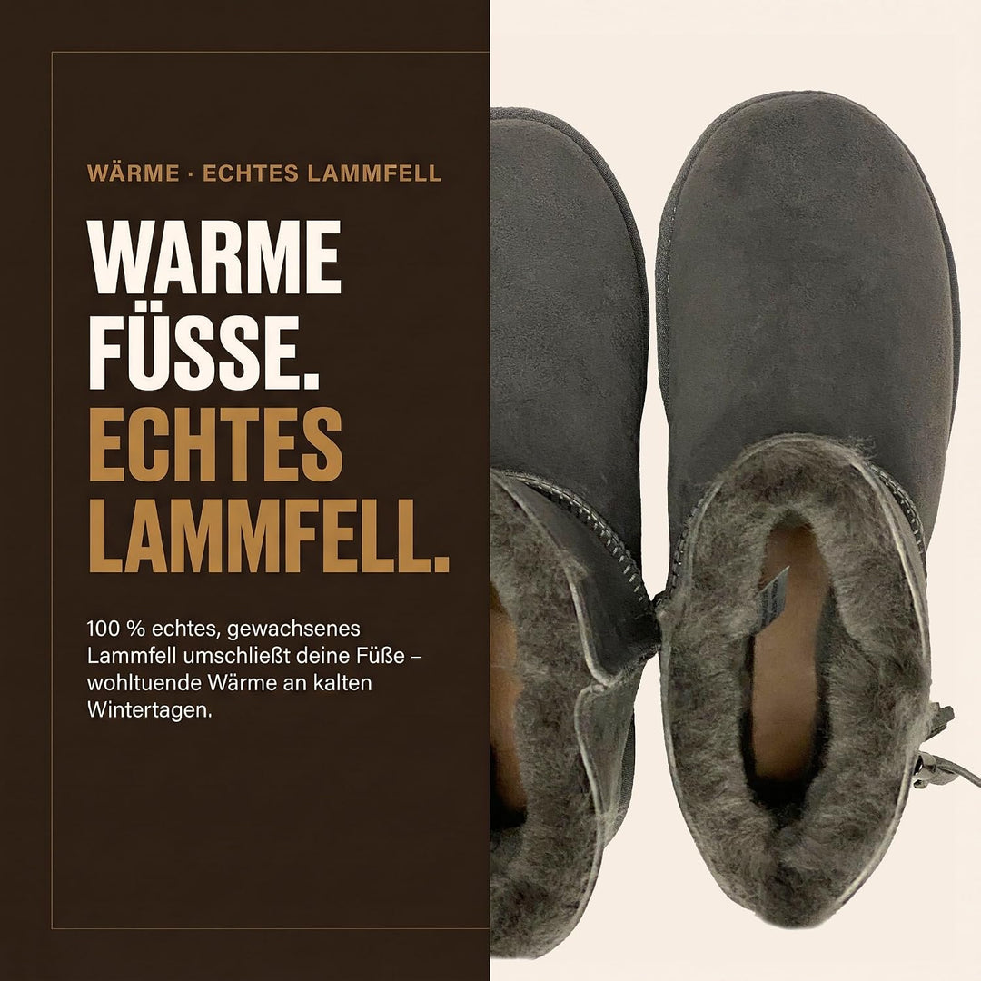 Rohn Lammfell Boots Stockholm, Winter-Stiefel aus 100% Lammfell, warme Schneeschuhe 37 EU Grau, 37 E