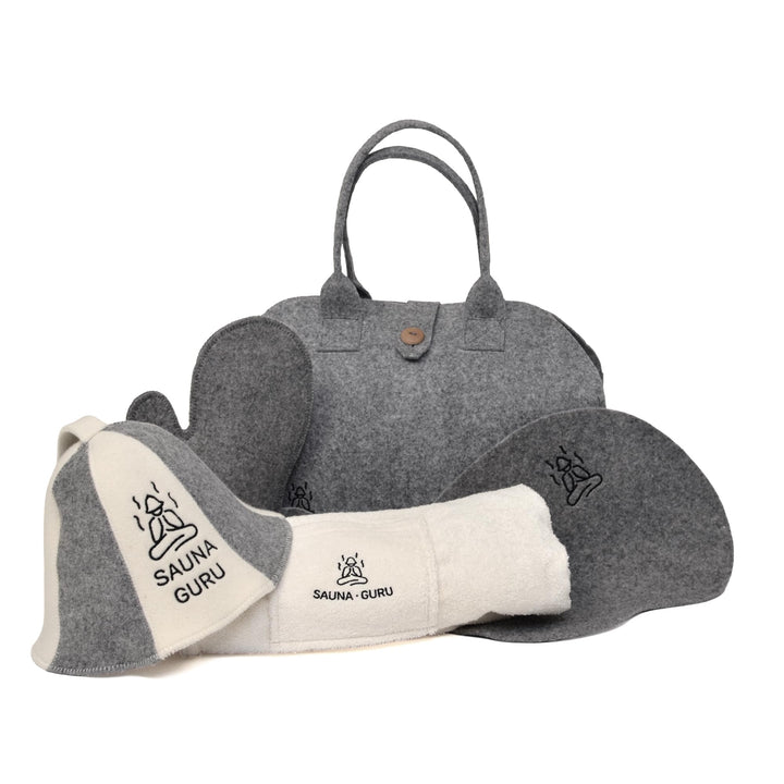 Sauna-Zubehör-Set – Woll-Banja-Hut, Kilt-Handtuch, Aufbewahrungstasche, Filzhandschuh &amp; Sitzkissen –