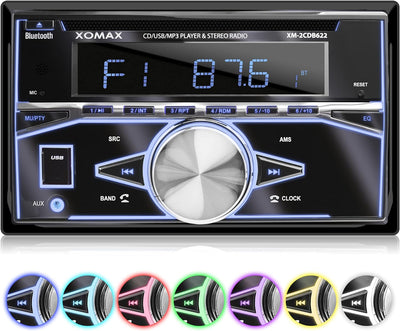 XOMAX XM-2CDB622 Autoradio mit CD-Player, Bluetooth, RDS Radio Tuner, 7 Farben einstellbar (Rot, Bla