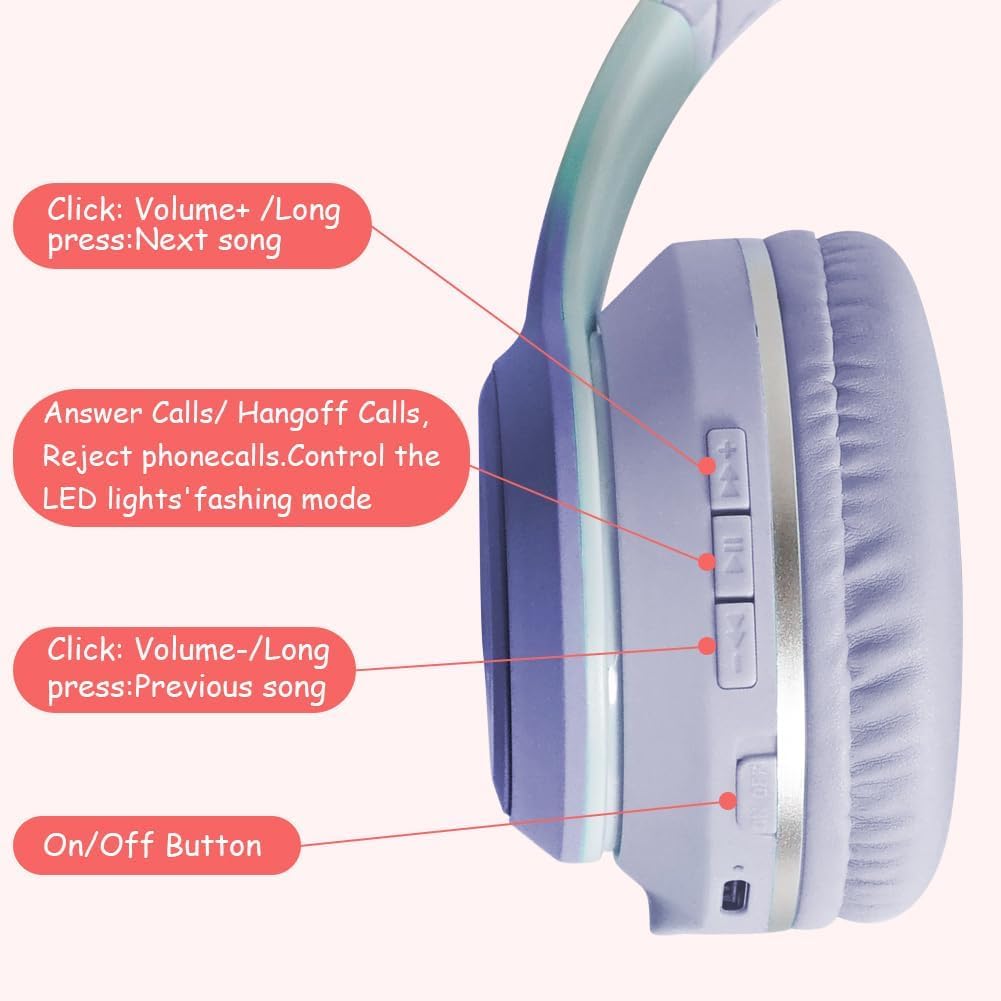 Kinder Bluetooth Kopfhörer, Katzenohr LED Lichter, Bluetooth 5.3 Stereo, Verstellbares Kopfband, 85d
