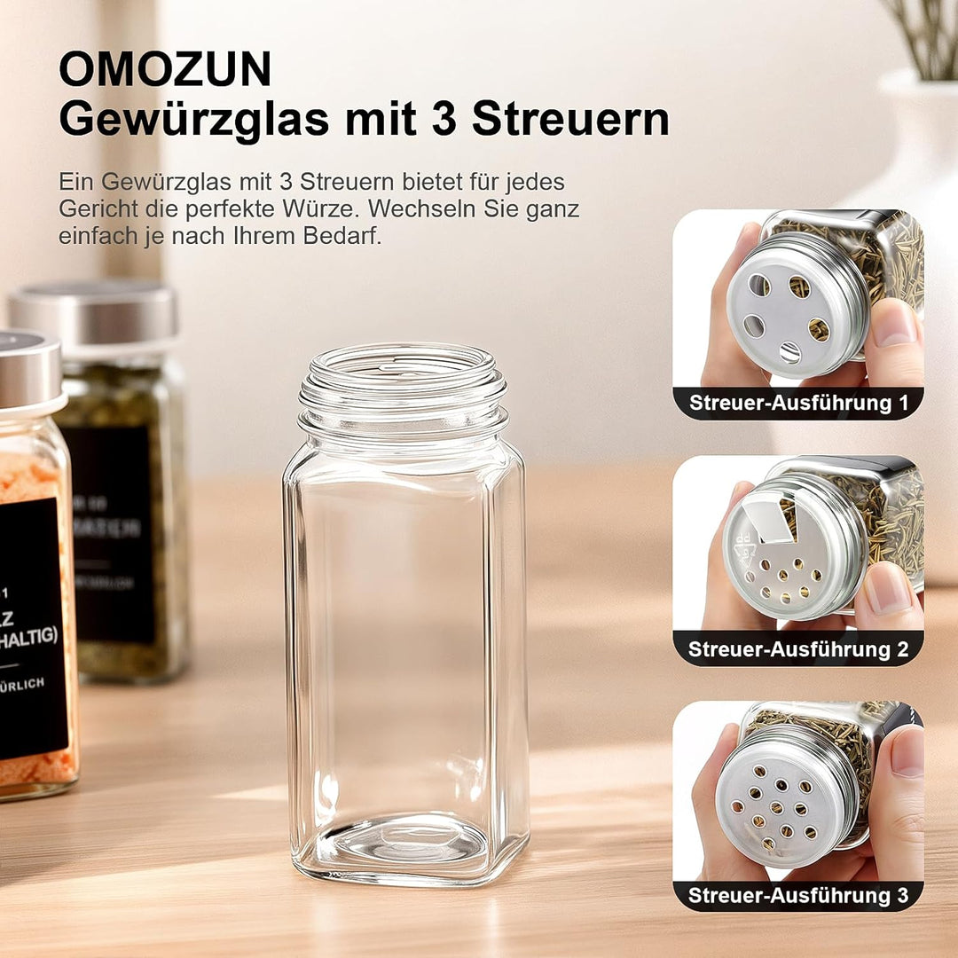 Gewürzgläser eckig mit Edelstahl Deckel Set 24er :120 ml Gewürzdosen Glas mit Etiketten & Streueinsa
