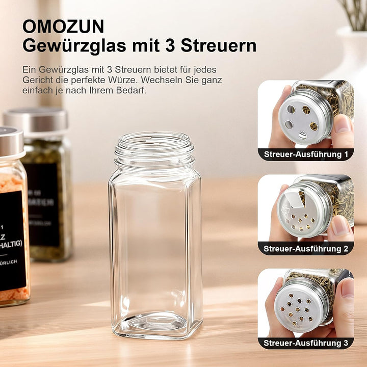 Gewürzgläser eckig mit Edelstahl Deckel Set 24er :120 ml Gewürzdosen Glas mit Etiketten & Streueinsa