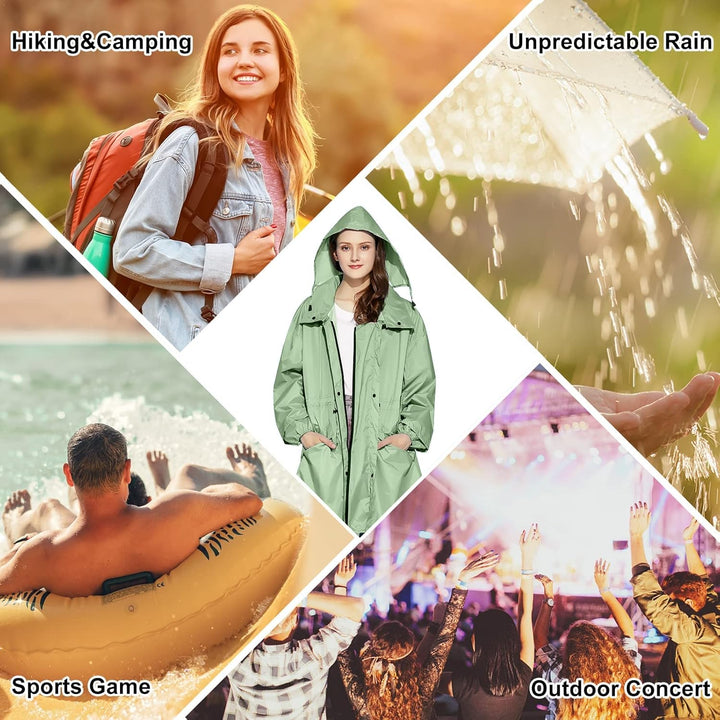LAMA Stilvoller langer Regenmantel Unisex Regenponcho mit Wasserdichte Pattentasche Kapuze Tunnelzug