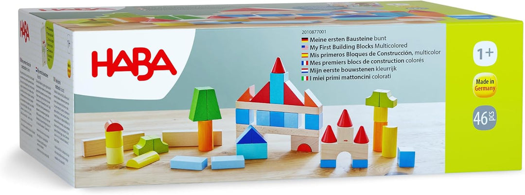 HABA Meine ersten Bausteine - 46 Bunte Holzbausteine mit Baumwolltasche - Made in Germany - Für Kind