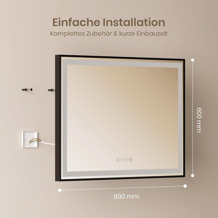 EMKE Badspiegel mit Beleuchtung 80x60cm, Badezimmerspiegel mit Antibeschlag, Neutralweiss Licht dimm