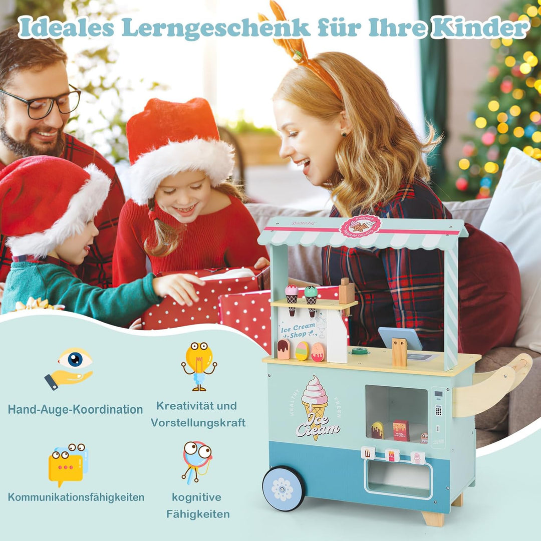 DREAMADE Kinder Eiswagen mit 15 Zubehör, Kaufladen aus Holz mit 2 Rädern &amp; Markise, Eisstand Einkauf
