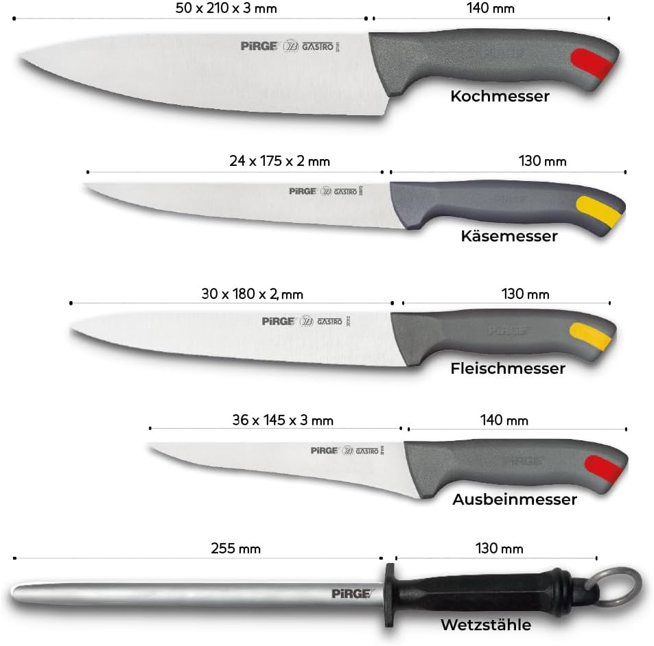 Pirge Gastro Profi Messerset mit Tasche 6 Stück - Griff mit Farbeinsatz - Profi Kochmesser Set - Ede