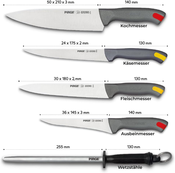 Pirge Gastro Profi Messerset mit Tasche 6 Stück - Griff mit Farbeinsatz - Profi Kochmesser Set - Ede