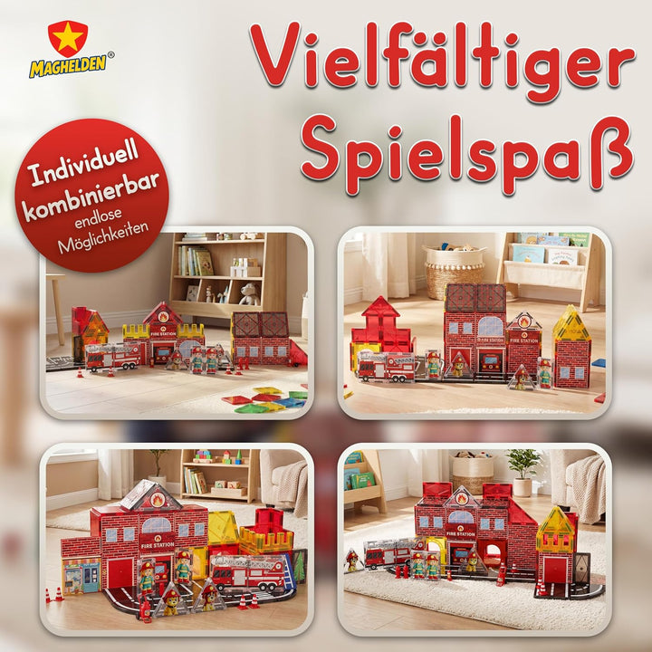 Magnetische Bausteine Feuerwehrstation 70 Teile - Magnetbausteine & Magnetspiel mit integrierten Fig