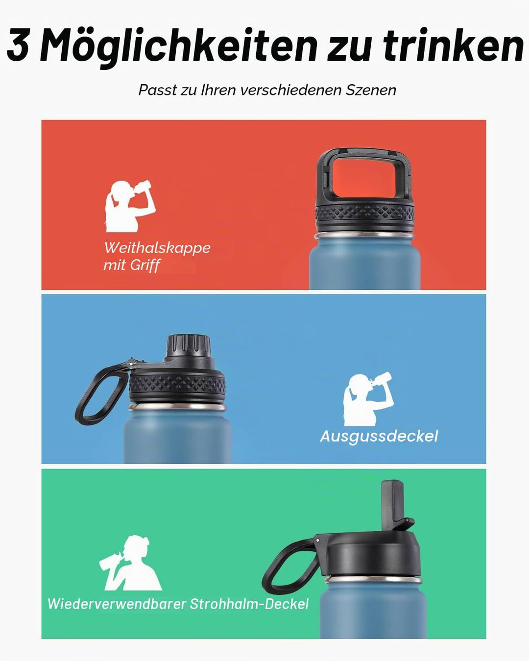 Coolflask Wasserflasche 20 oz isoliert mit Strohhalm, rostfreier Stahl Metall 3 Deckel Wasserflasche