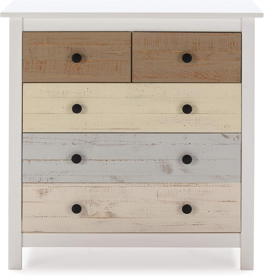 VS Venta-stock Magda Kommode mit 5 Schubladen Weiss und mehrfarbige Schubladen, Massives kiefernholz