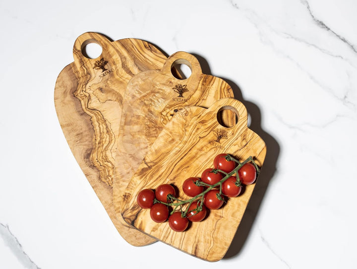 SOLTAKO massive 3er Set Olivenholzbretter Geschenkset Steakbrett aus Olivenholz für Feinschmecker, S