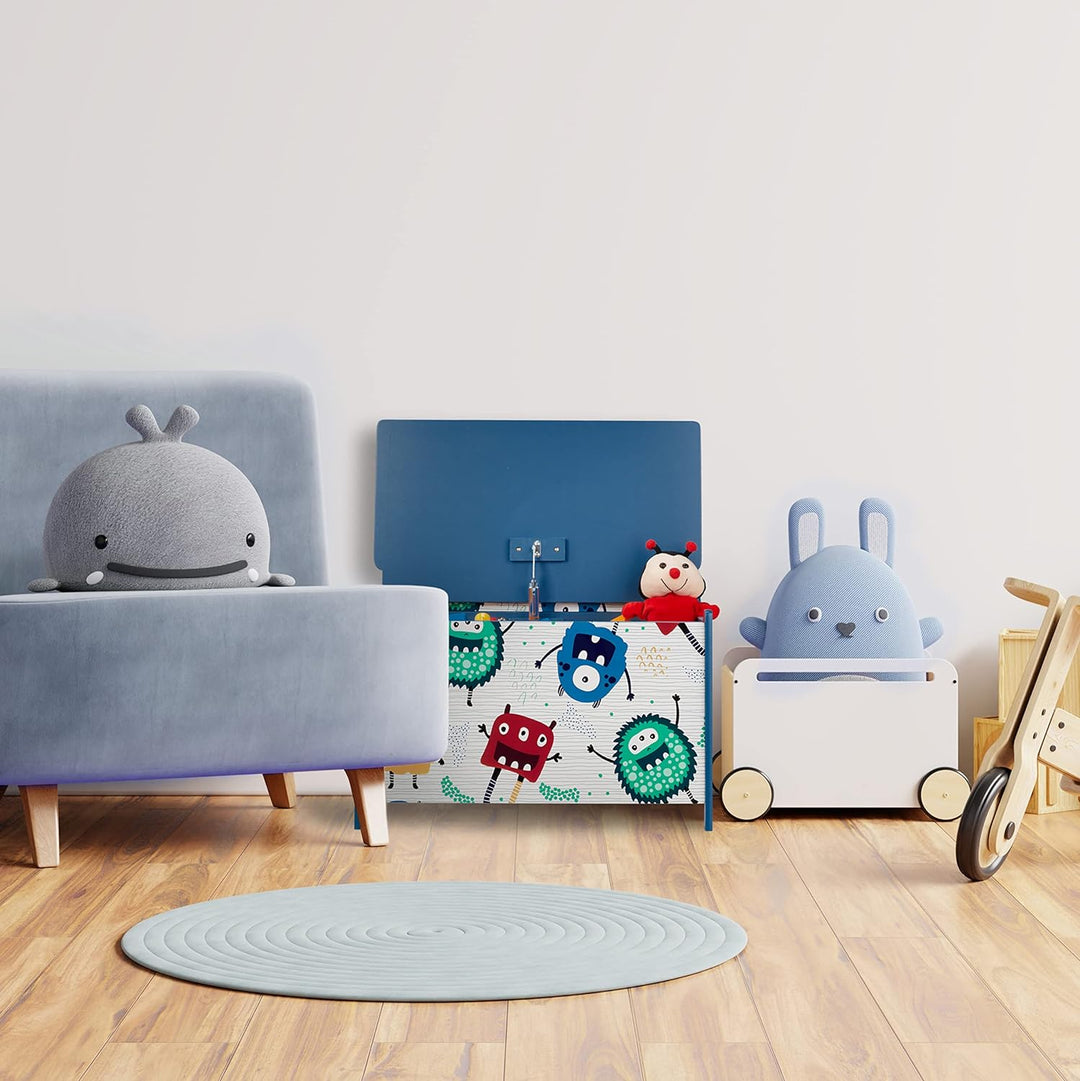 Relaxdays Spielzeugtruhe, Monster-Design, Spielzeugkiste mit Deckel, HBT: 50x60x36,5 cm, MDF, Spielz