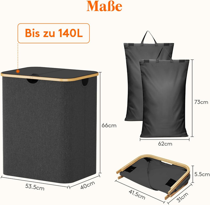 Lifewit 140L Wäschekorb mit Deckel, Grosse Wäschesammler 2 Fächer, Wäschesäcke, Wäschesortierer, Wäs