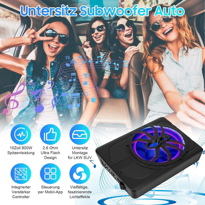 VINGVO Subwoofer Auto,10Zoll 800W Aktiv Subwoofer Für Auto,2.6 Ohm Ultra Flach Untersitz Subwoofer A