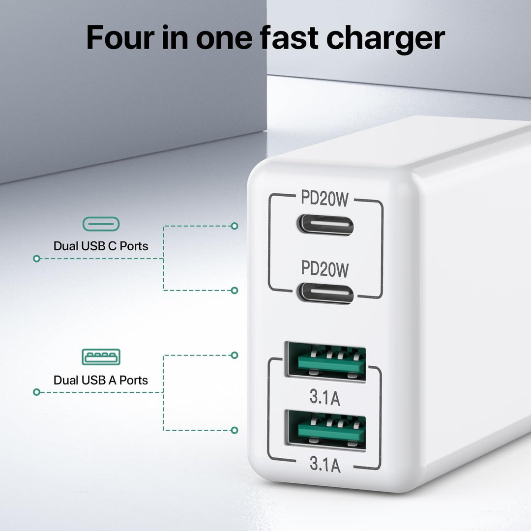 [2 Stück] USB C Ladegerät 40W, 4-Port USB C Ladegerät Block, Schnellladeblock Dual Port PD+QC Wandst