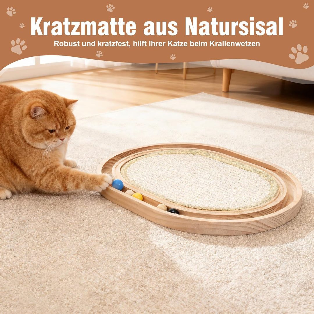 2-in-1 Kratzbretter Katze und Katzenspielzeug Kugelbahn Holz, 43x33x3 cm Katzen Kratzbrett Sisal, kr