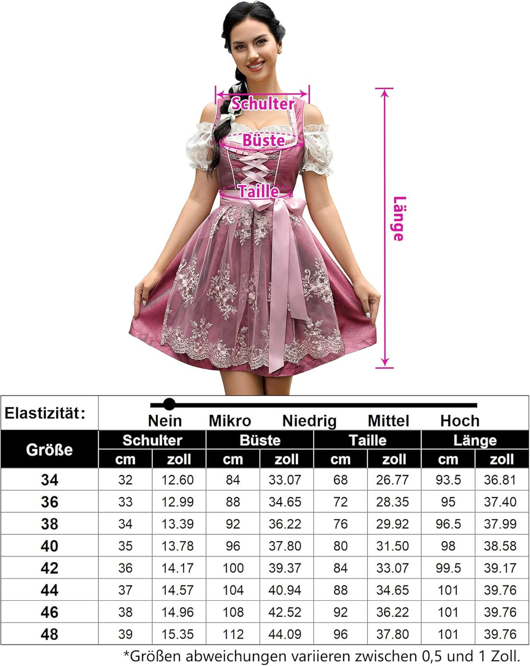 KOJOOIN Trachtenkleid Damen Dirndl Kurz Midi 3tlg. für Oktoberfest-DREI Teilig: Kleid, Bluse, Schürz