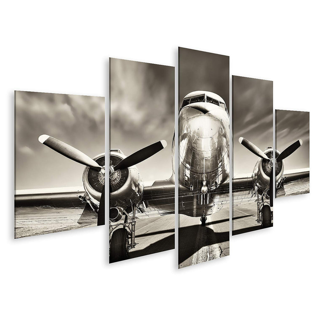 islandburner Bild auf Leinwand Retro Flugzeug Bilder Wandbilder Poster Leinwand 170x80cm - 5 Teile,
