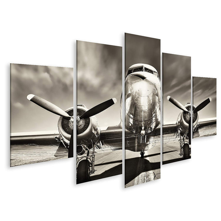 islandburner Bild auf Leinwand Retro Flugzeug Bilder Wandbilder Poster Leinwand 170x80cm - 5 Teile,