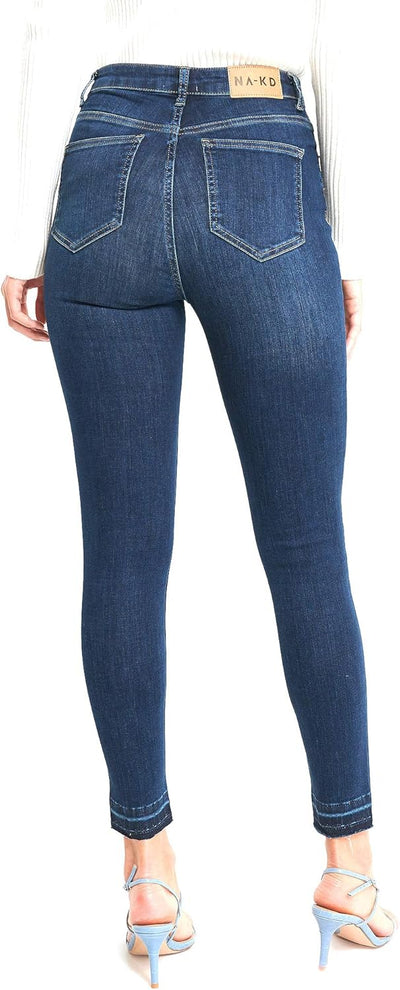 NA-KD Damen Skinny High Waist Open Hem Jeans, dunkelblau, 32 EU