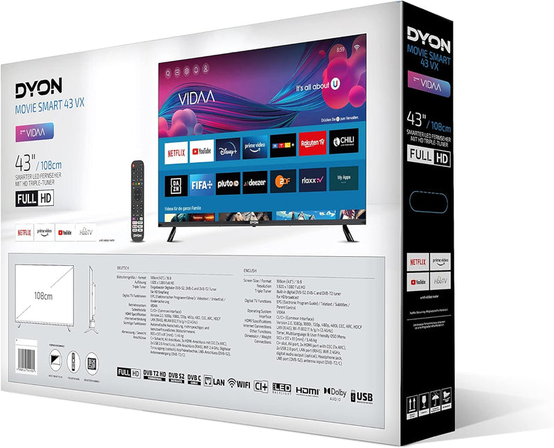 DYON Movie Smart 43 VX 108 cm (43 Zoll) Fernseher (Full-HD Smart TV, HD Triple Tuner (DVB-C/-S2/-T2)