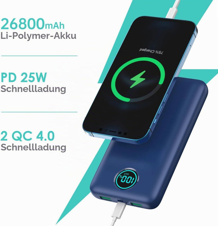 Power Bank USB C mit Kabel 26800mAh, PD 25W QC4.0 Schnellladung Powerbank, 5 Ausgängen Externe Handy