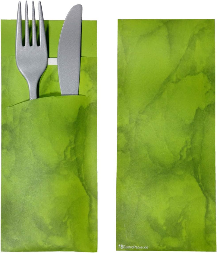 520 Bestecktaschen mit Serviette apfel-grün marmoriert 20 cm