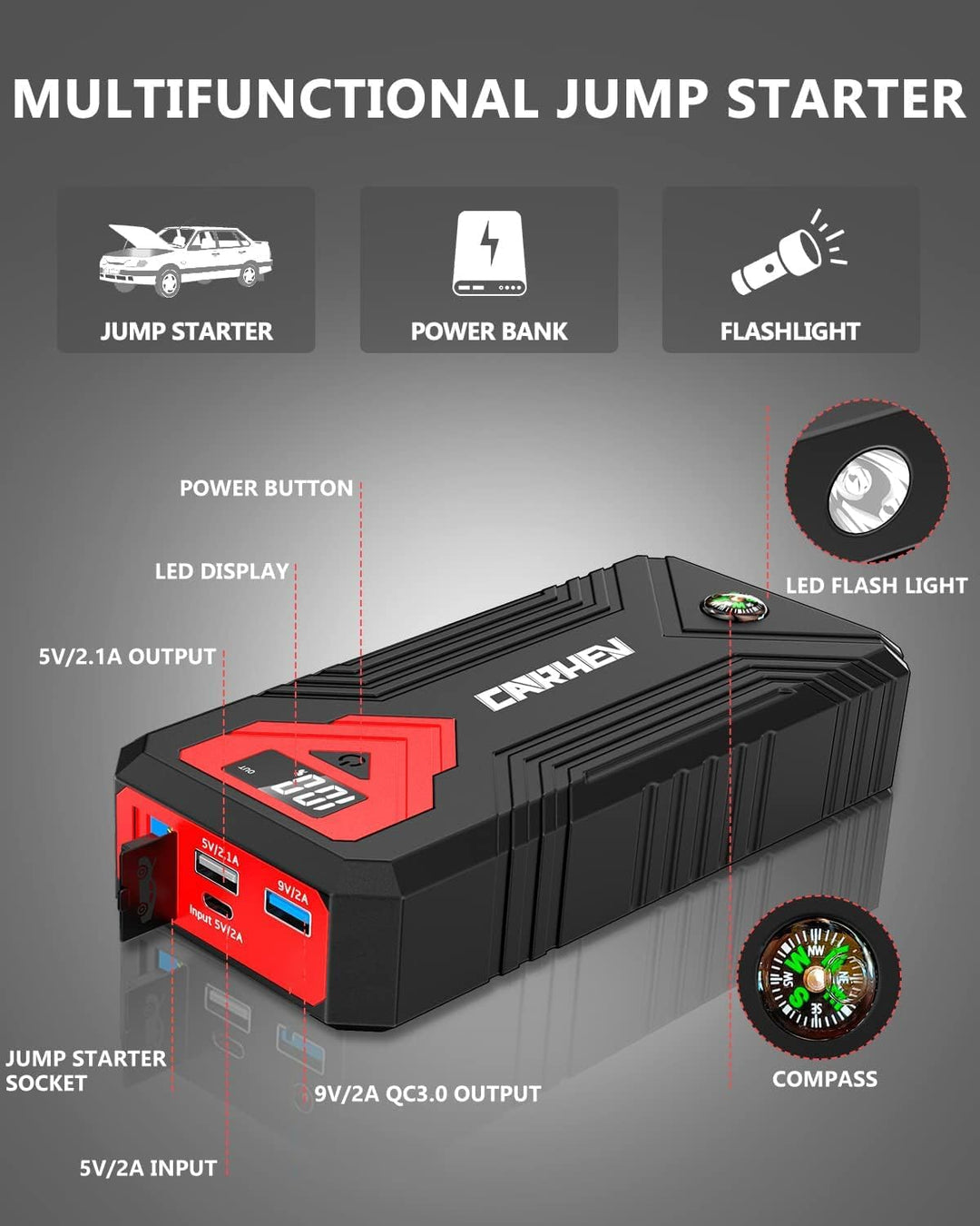 CARHEV Starthilfe Powerbank für pkw, 4000A Auto Starthilfe Powerbank (Bis Zu 8,0L Benzin Oder 8,0L D