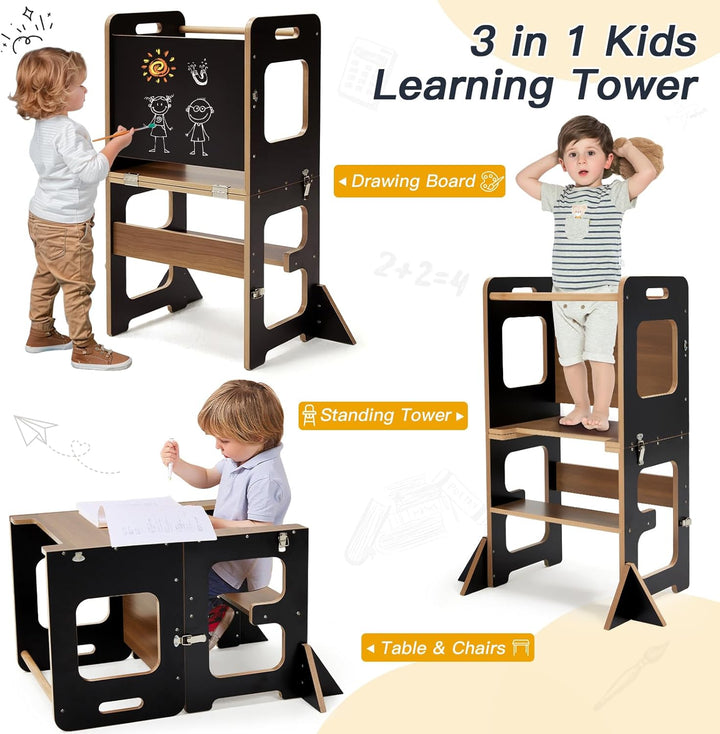labebe Lernturm für Kinder, Montessori Learning Tower mit Tafel, 3 in 1 Klappbar Multifunktion Lernt