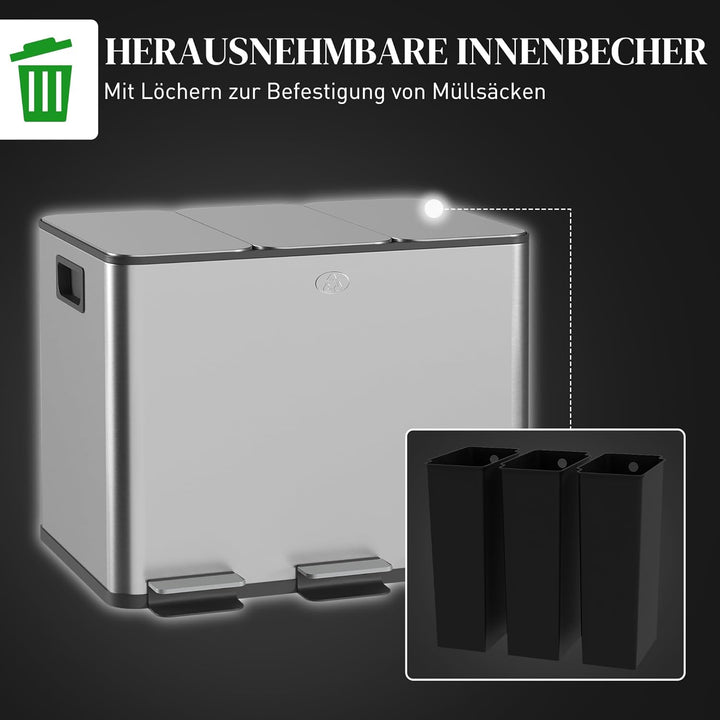 HOMCOM Mülleimer Küche 3 x 20 L Treteimer mit Softclose-Deckel und Pedal Mülltrennsystem 3 Fächer in
