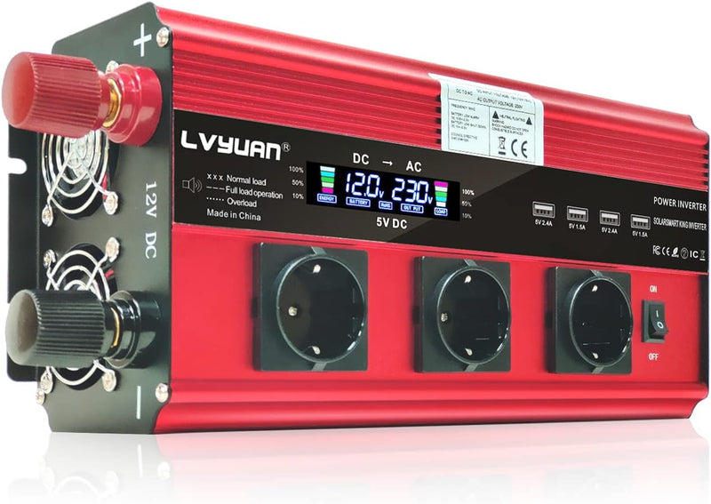 Wechselrichter 12V 230V 3000W /6000W Wechselrichter Fernbedienung 4X USB und LCD 3 AC Steckdosen Mod