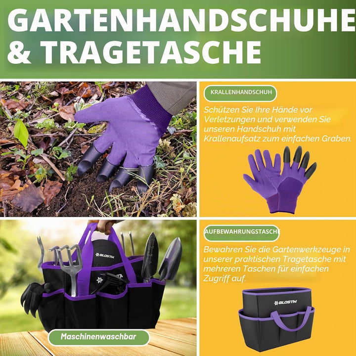 BLOSTM Gartenwerkzeug-Set, 11-teilig, robustes Gartengeräte-Set mit wasserdichter Tragetasche, rostf