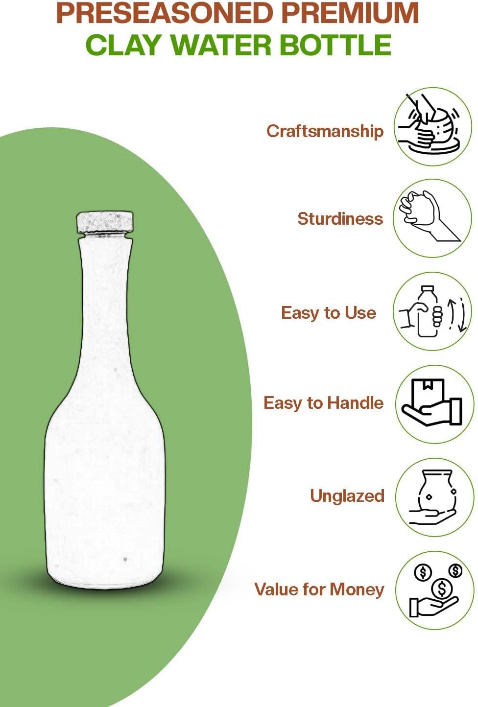 Village Decor Unglasierte, handgefertigte Terrakotta-Wasserflasche mit Korken, 765 ml, vorgebrannte