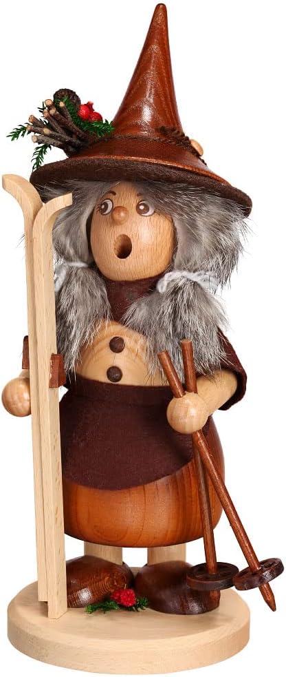 DWU Echt Erzgebirgischer Räuchermann® Wichtelfrau mit Ski - inkl. Original Crottendorfer Räucherkerz