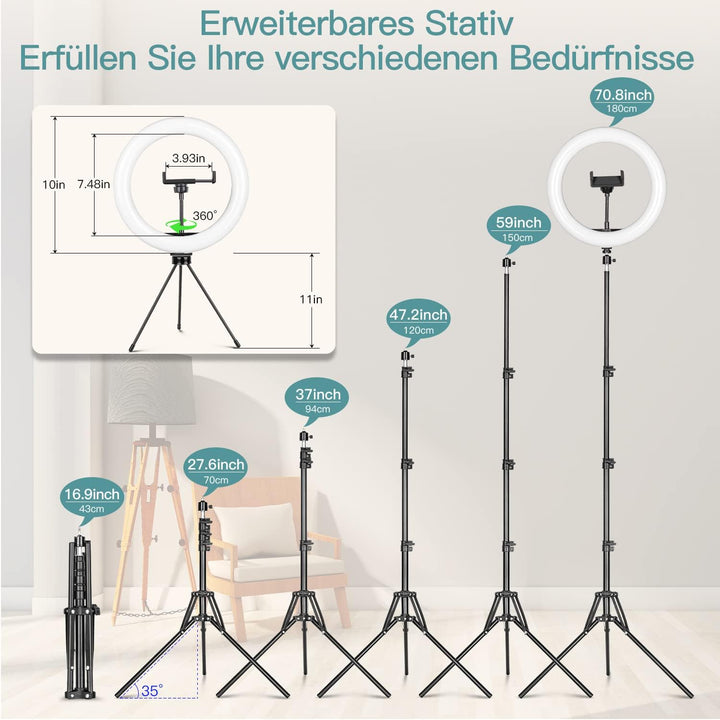 LED Ringlicht mit Stativ Handy, 10" Selfie Ringleuchte mit Fernbedienung und Doppel Handyhalter mit