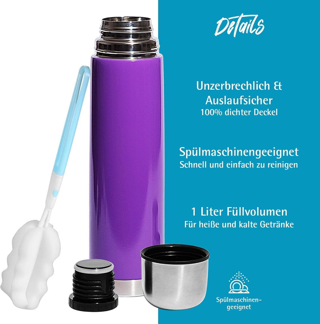 GRÄWE Thermosflasche,1 Liter Edelstahl Trinkflasche, Thermoskanne, Isolierflasche für unterwegs mit
