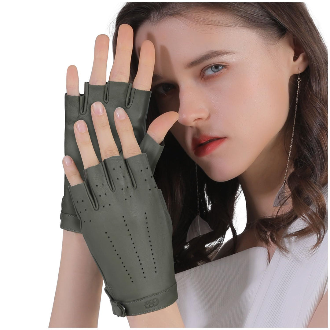 GSG SINCE 1998 Halbfinger Lederhandschuhe Damen – Fingerlose Fahrhandschuhe aus weichem Schafsleder,