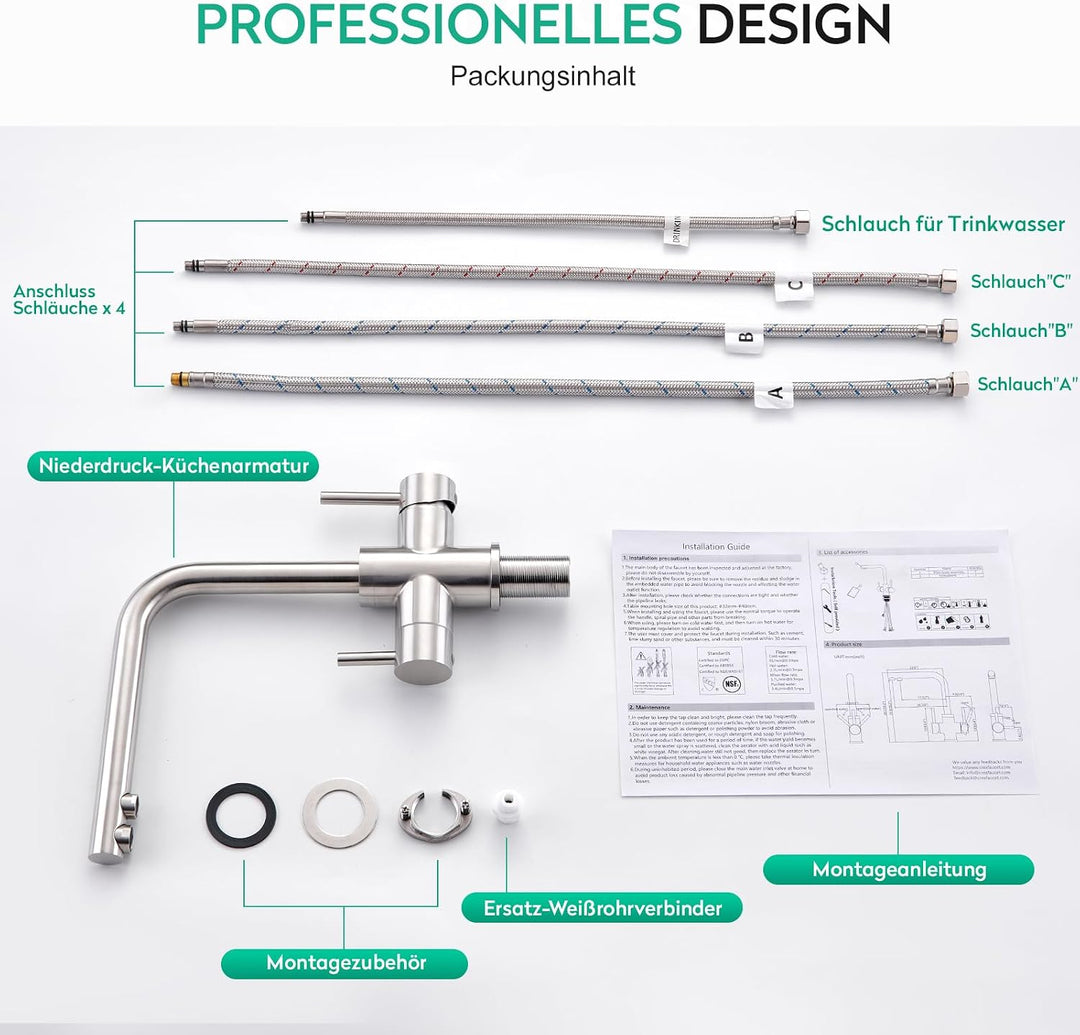 CREA Niederdruck Armatur Küche, 3 Wege Wasserhahn Küche, 360° Drehbar Küchenarmatur, 3 in 1 Mischbat