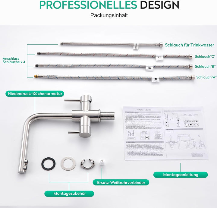 CREA Niederdruck Armatur Küche, 3 Wege Wasserhahn Küche, 360° Drehbar Küchenarmatur, 3 in 1 Mischbat