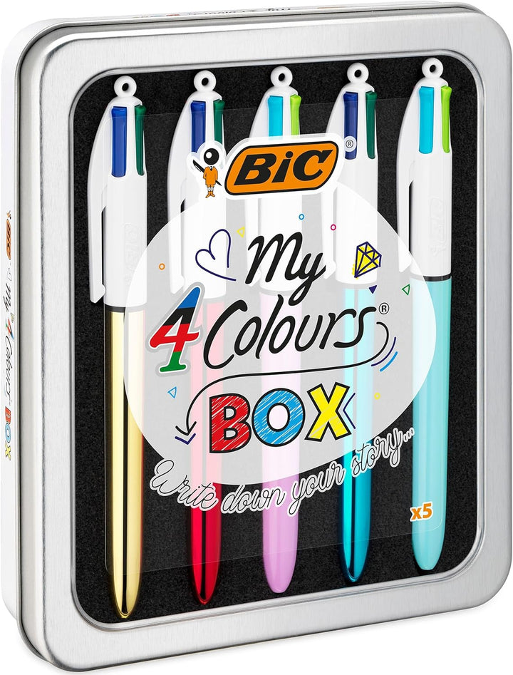 BIC 4 Farben Kugelschreiber Set 4 Colours, 5er Stifte Set in Metallbox mit 3 Colours Shine & 2 Colou
