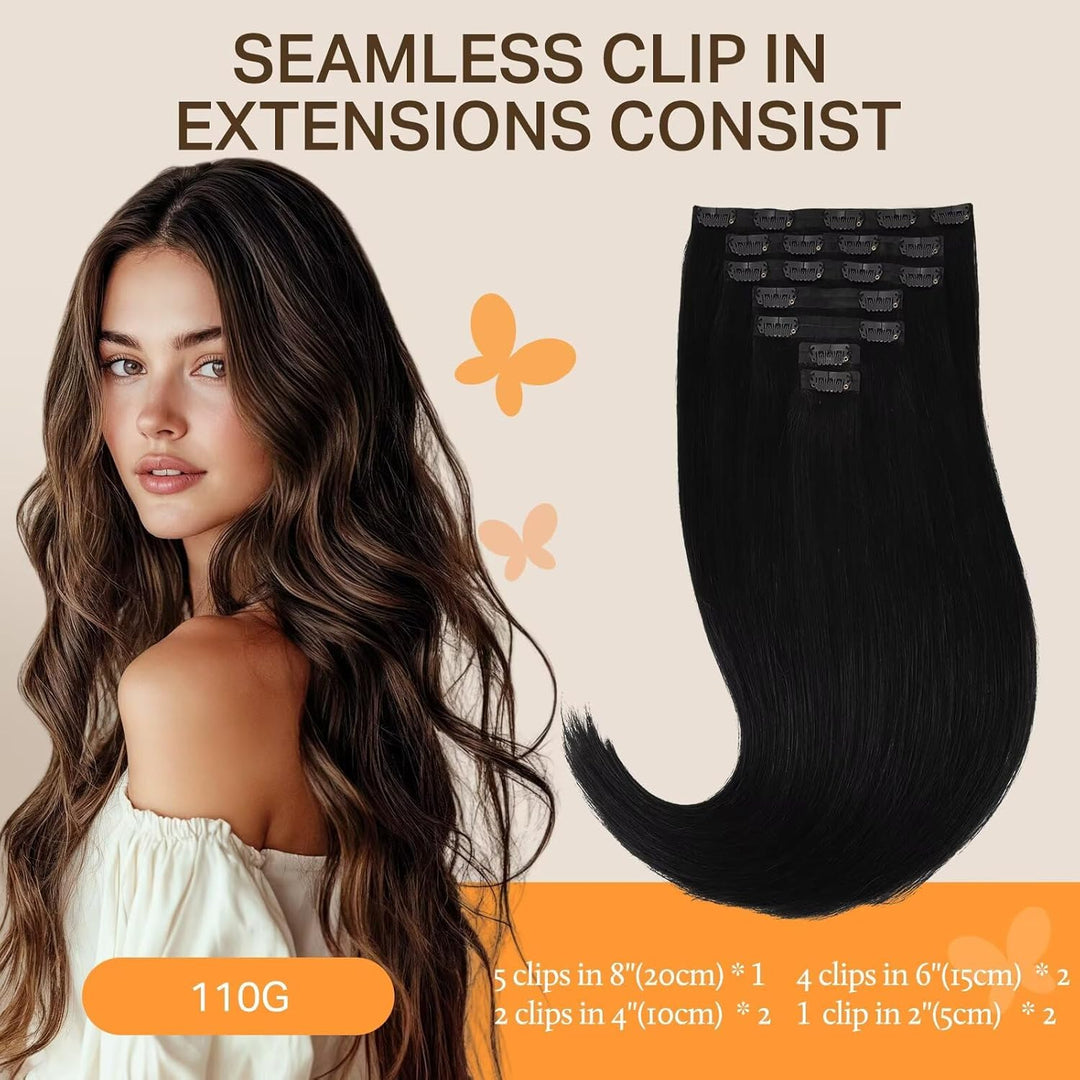 DOORES Echthaar Extensions Seamless, Tief Schwarz 35cm 14 Zoll 7 Stück 110g Remy Menschlich Clips in