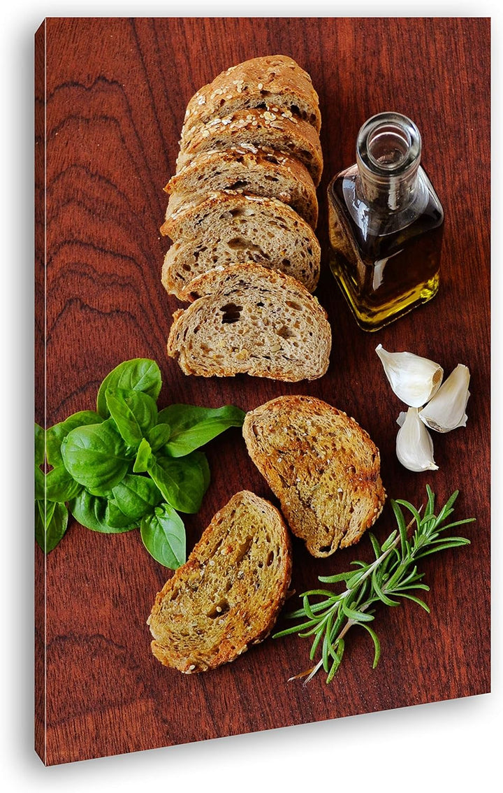 deyoli mediterranes Oliven Öl mit Brot Format: 100x70 als Leinwandbild, Motiv fertig gerahmt auf Ech