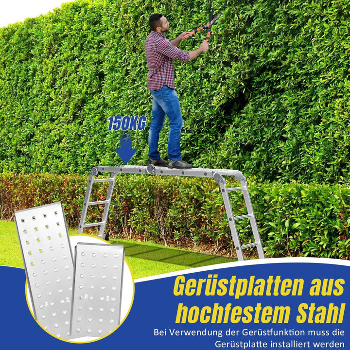 4x3 Mehrzweckleiter 360cm 7 in 1 Alu Leiter mit 2 plattform und 2 Transport Rollen bis 150 kg，Vielzw