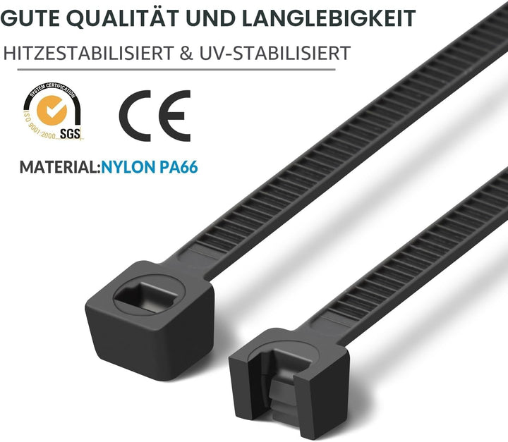 XINGO 1200 Stück Kabelbinder Schwarz, 350mm x 5.8mm, 37kg Zugfestigkeit, UV-beständig, Selbstsichern