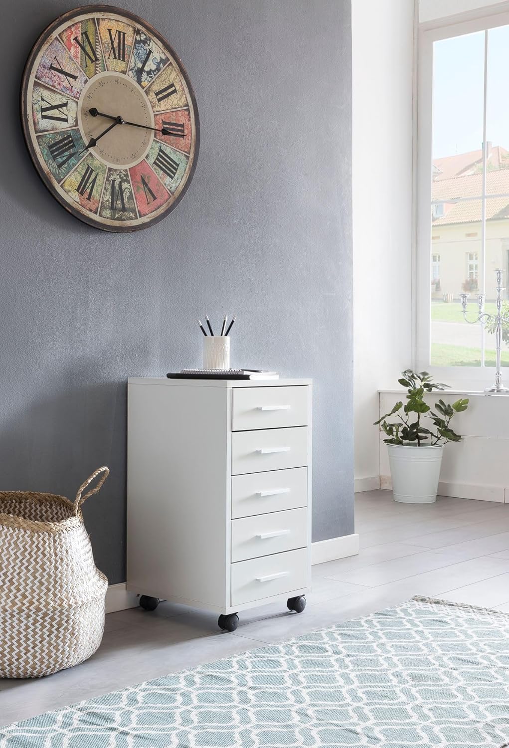 FineBuy Rollcontainer Weiss 33 x 63 x 38 cm Holz Schubladenschrank Schreibtisch, Büro Schrank mit 5
