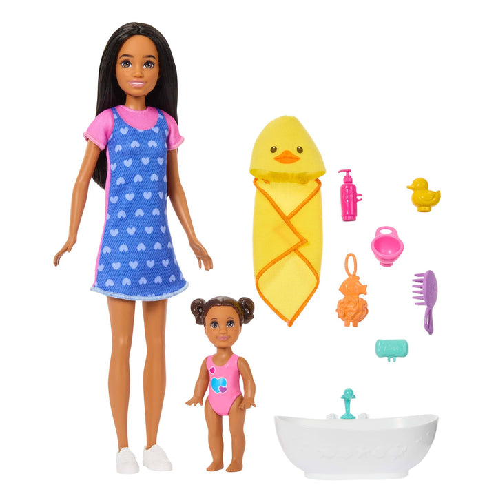 Barbie Skipper Babysitters Inc. Spielset mit brünetter Puppe, brünetter Kleinkind-Puppe, Badewanne u