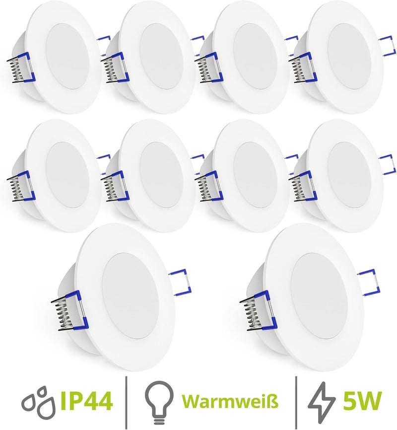 linovum WEEVO IP44 LED Einbauleuchten 10er Set extra flach - Downlight in warmweiss 2700K 5W für Bad