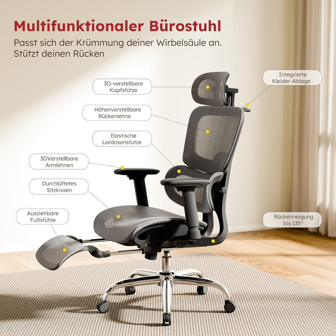 Ergonomischer Bürostuhl Voll-Mesh mit Abnehmbarem Kissen, Fussstütze, Höhenverstellbarem Rückenlehne