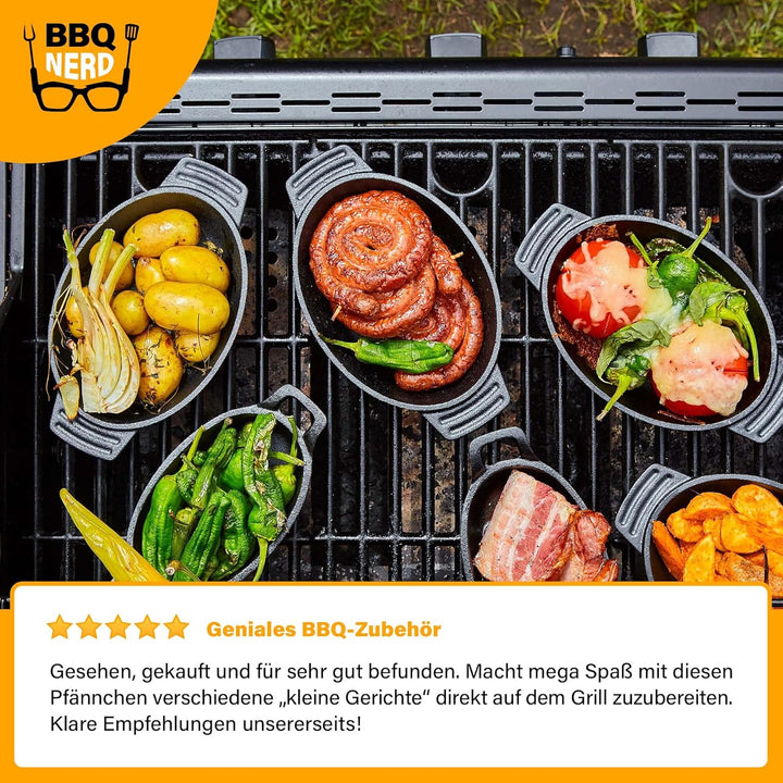 BBQ-Nerd Servierpfännchen aus Gusseisen im 6er Set - Grillpfännchen - oval 22,5x13 cm - zum Braten Ü